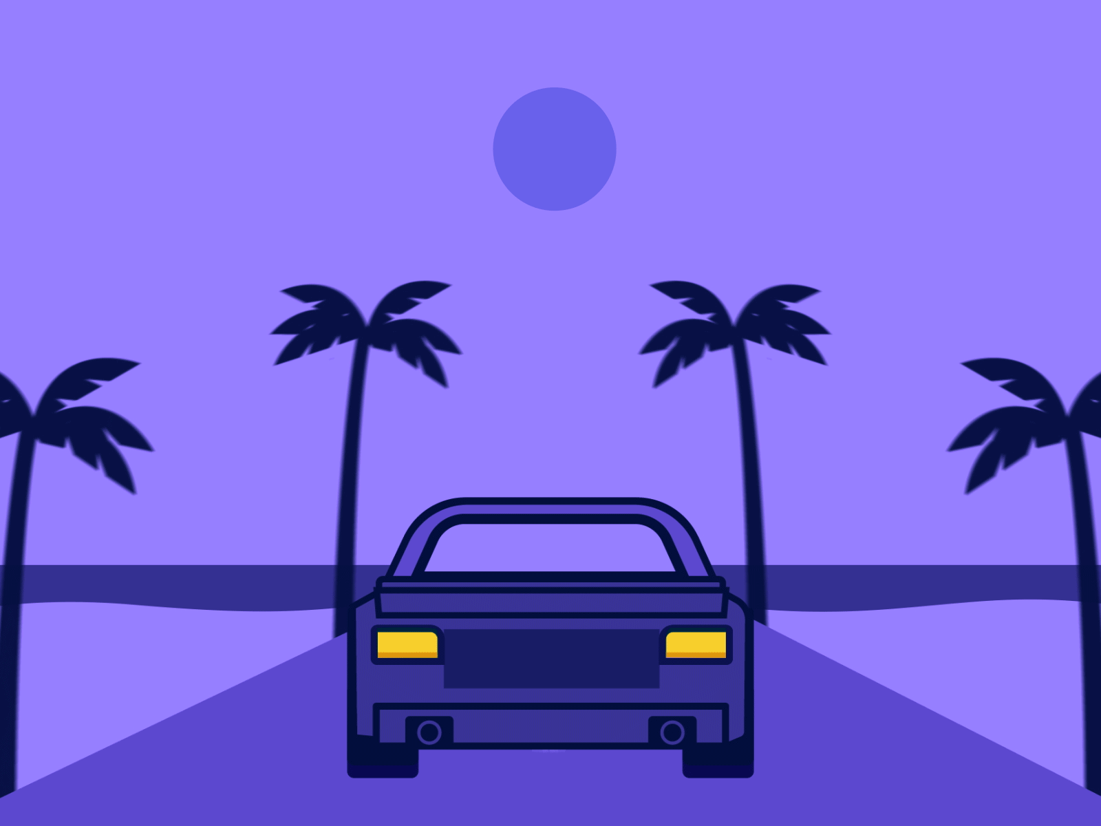 Bienvenidos a Miami animated animation beach blue car day drive gif horizon illustration miami night ocean palm trees palmtree purple road south tropical
