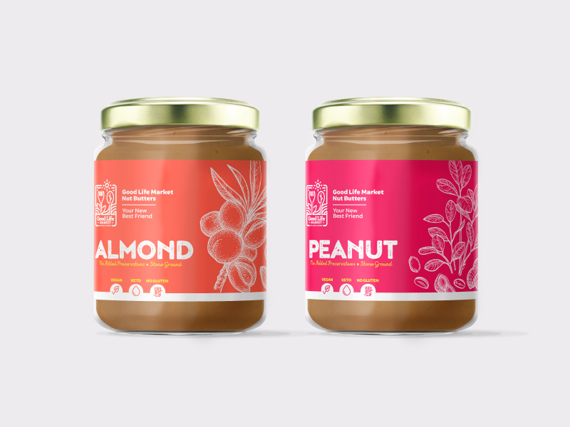 Nut butter packaging gluten free bright vibrant colorful organic vegan healthy design inspiration package design label design almond peanut label nut butter