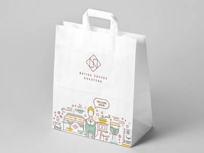Takeaway bags for Native Coffee Roastery bag design coffee coffee brand coffee branding coffee packaging coffee roastery coffee shop coffee shop logo line art line illustration package design packaging roastery shopping shopping bag shopping bag mockup specialty coffee takeaway