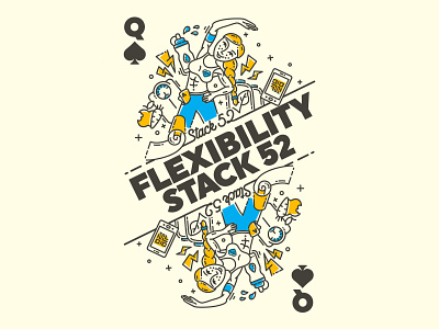 Illustration for Stack52 blue and yellow card deck exercise fitness flexibility flexible illustration line art line illustration lines nutrition packaging playing cards queen of spades stack 52