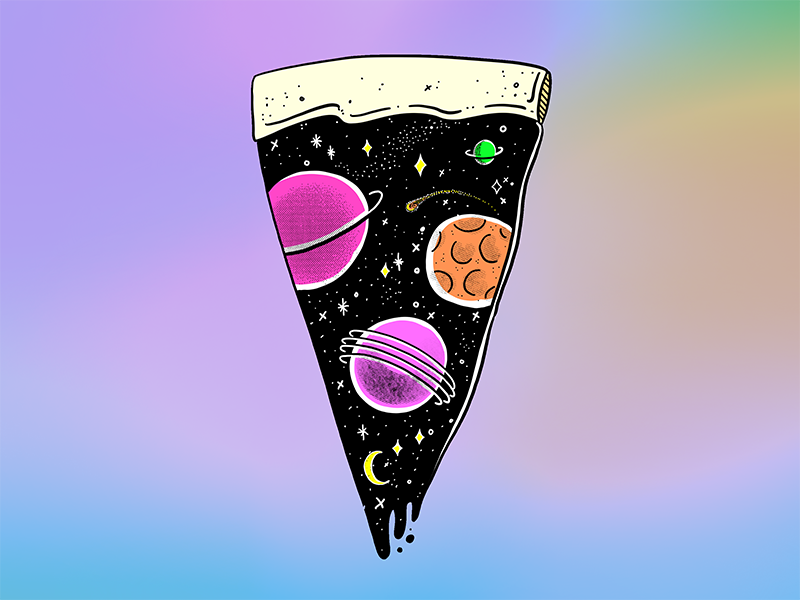 How do you organize a pizza party in space? You planet! pink purple drawing illustration colorful colors planets moon mars food pizza space