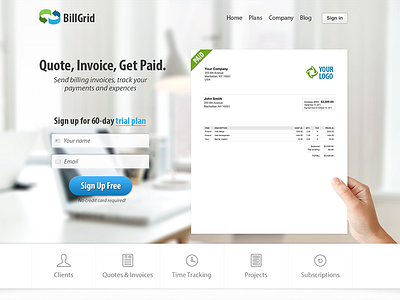 BillGrid billgrid interface invoice landing layout sign up ui