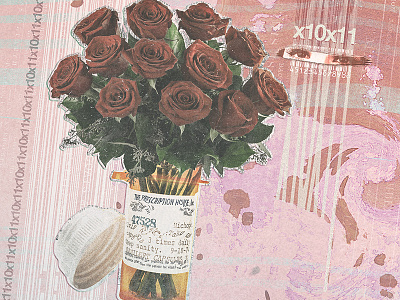 x10 / Bottle-Bouquet / x11 barcodes drugs flowers glitchy grainy minimal noisey pale pills pink rose type