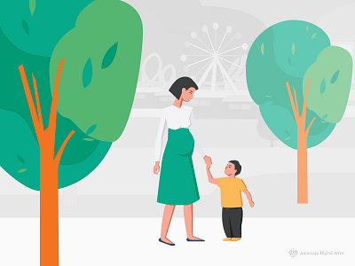 Single mother at park boy character illustration mother pregnant vector woman