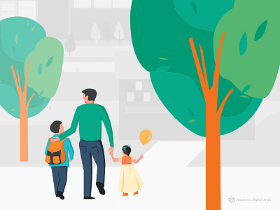 Single Dad at park boy father girl illustration kids single vector