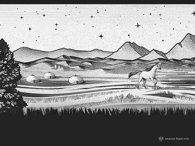 Tattoo illustration black and white country ger horse mongolian stars tattoo