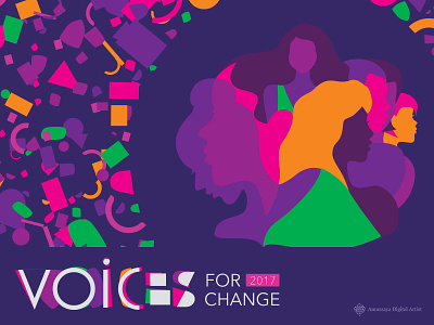 Voices For Change blue colorful event faces illustration lady feminist logo pink poster rights violet women