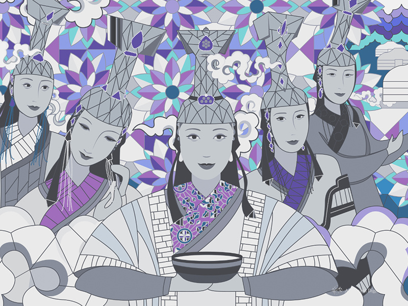 Part of 15 Mongolian Queens mongolian traditional woman digital art illustration glass stained lady girl queen