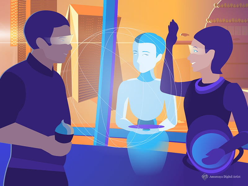 Future Place panorama digital art illustration fantasy teleport spaceman cat people building city futuristic future