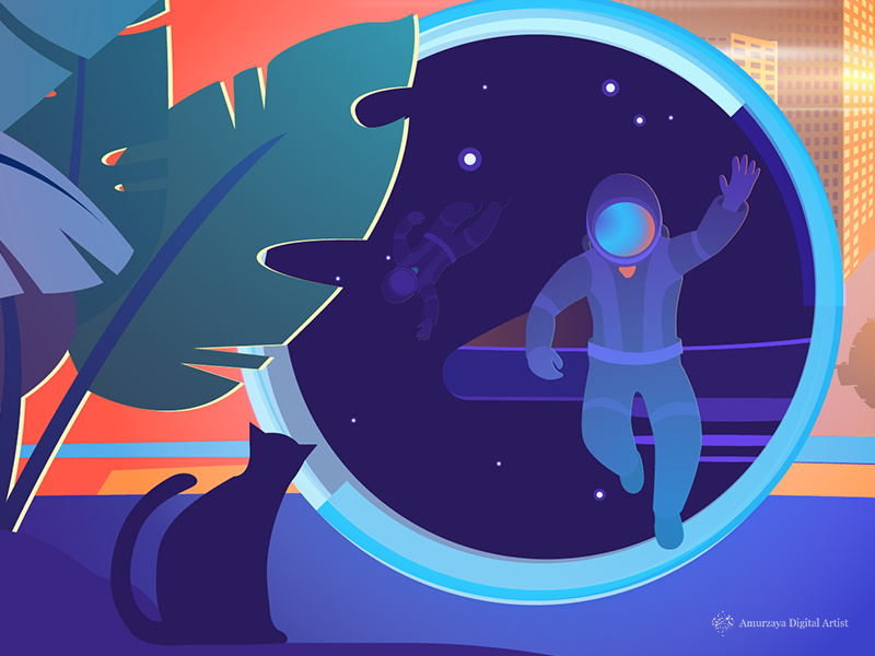 Future Place teleport spaceman people panorama illustration futuristic future fantasy digital art city cat building