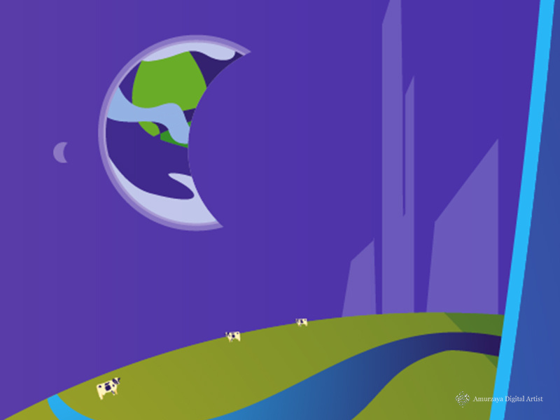Future Place digital art illustration panorama landscape cow moon earth futuristic future