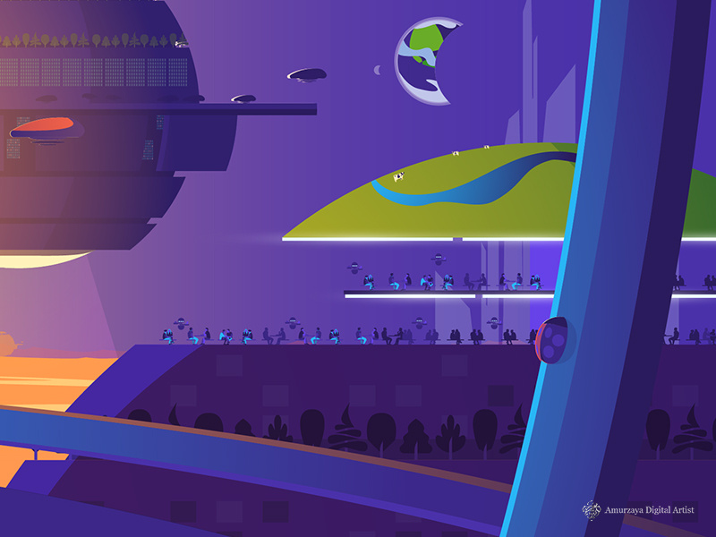 Future Place spac cars floating green ladybug buildings digital art illustration panorama cow earth futuristic