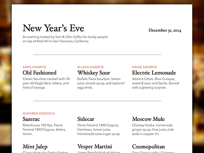 New Year's Eve Cocktail Menu