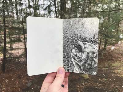 Bear in the Woods bear forest moleskin moleskine nature pen and ink sketch stippling trees