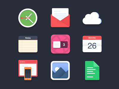 Flat icons (PSD) - 3 Dribbble invites browser calendar clock cloud flat flat browser flat icon gallery icons mail notes paper simple