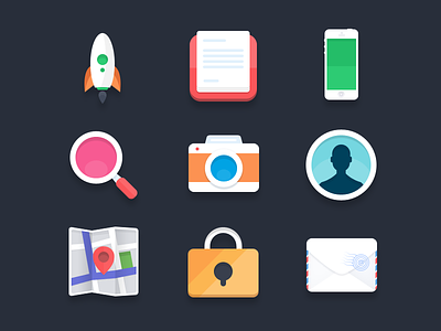 Flat icons (PSD) #2 camera flat flat icons icons iphone lock magnify mail map notes profile rocket simple zoom