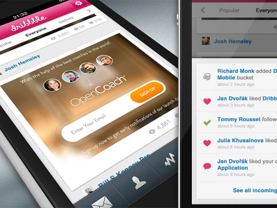 Dribbble iOS app app dribbble gray ios iphone opencoach pink retina