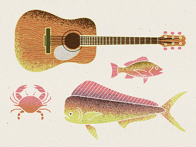 under the sea crab fish guitar illustration