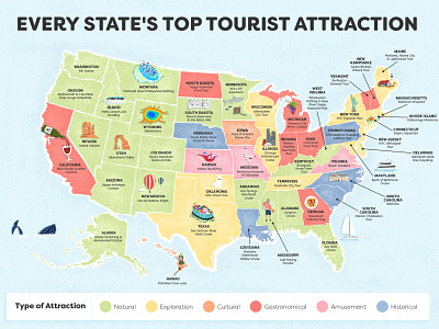 Every State's Top Tourist attraction cartography design drawing illustration illustrations illustrator map design map illustration maps tourist attractions touristic tourists us map