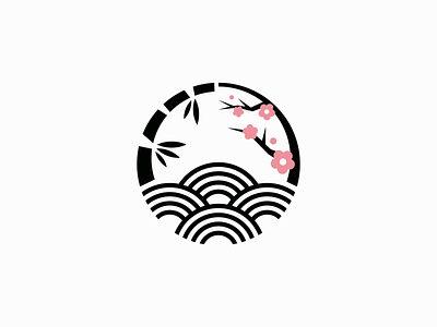 Bamboo, Sea Waves and Plum Blossom Logo bamboo blossom branding circular design flower icon illustration japan japanese kamon logo mark minimalist sea symbol tree vector waves