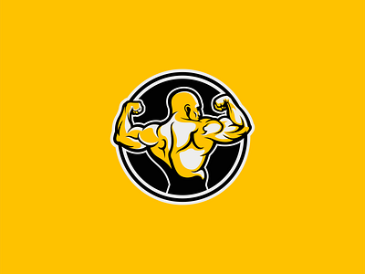 Bodybuilder Logo for Sale biceps bodybuilder bodybuilding branding circle design emblem fitness gym health icon illustration logo man mark muscles pose supplements vector yellow