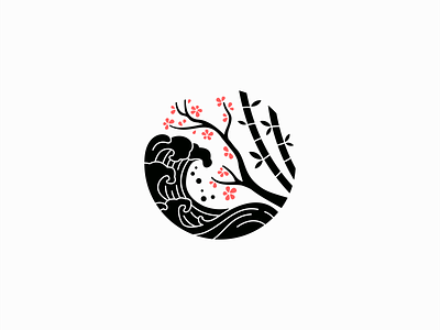 Japanese Landscape Logo for Sale bamboo blossom branding circular design flower geometric illustration japan japanese landscape lines logo mark modern ocean sea vector wave waves