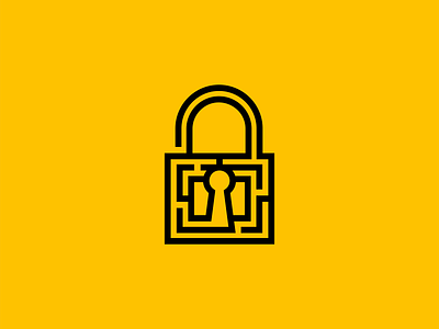 Lock Maze Logo for Sale branding design escape room game geometric illustration key keyhole lock logo mark maze mystery premium puzzle quiz riddle secure vector yellow