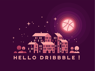 First Shot buildings debut dribbble first first shot illustration night stars trees