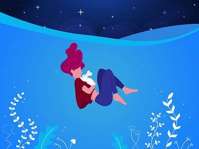 Fathomless feelings! color creative dreamy falling flower girl illustration love rabbit sea sky vector