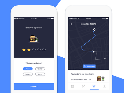 Daily UI #27 Order tracking and Rate your experience! blue burger cafe daily ui dark food ios order rating tracking ui