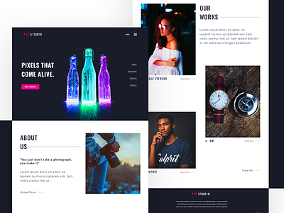 Studio Landing Page camera colors dark design landing page model photographer photography pix pixels studio ui