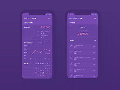 Beauty salon self-management application aplication app beauty dashboard finance interace layout mobile purple ui user ux