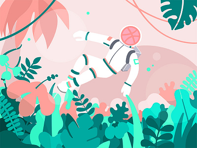 Hello Dribbble! astronaut debut dribbble first hello illustration jungle plants shot