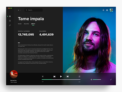 Spotify artist page redesign - dark mode app applemusic branding desktop macos mobile music music app musicplayer product design spotify tame impala tidal web web design