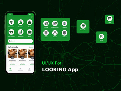 Looking app branding delivery app design green interaction interaction design interface maps mobile app mobile app design places ui ux xd animation xd design xd ui kit