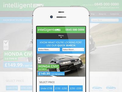 Intelligent Car Leasing: Mobile blue car design green leasing mobile responsive web