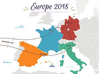 Itinerary map Europe europe illustration europe map itinerary map travel map