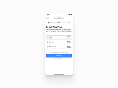 Plan Selection app design ui ux