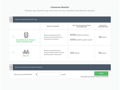 Commuter Benefits Selection Table