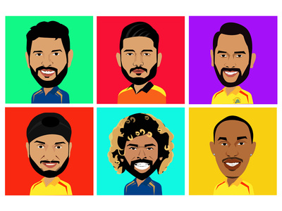 IPL campaign illustrations branding bravo caricatures cricket csk dhoni illustration ipl malinga mumbai sports teamindia vector art yuvi