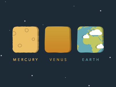 Mercury, Venus and Earth block flat iconography icons planets solar system space square