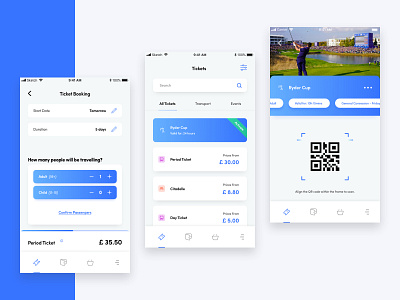 Ticket Booking App app blue blue and white booking app clean design ios iphone light mobile qr code sketch tabs ticket booking ui ui ux ux