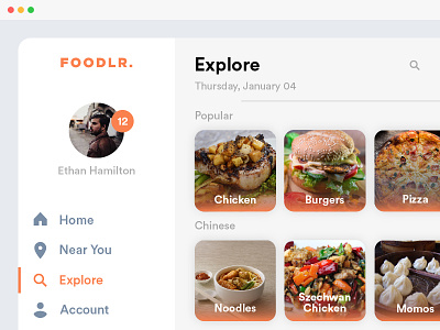 Foodlr UI app dashboard explore food mac profile sketch ui ux web