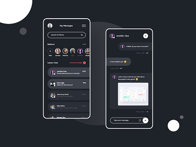 #20 ChatApp - MobileApp Concept app black call chat clean conversation dark design flat graphic list message minimalism mobile phone talk ui user ux white