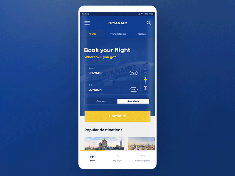 #3 - RyanAir - Mobile App Redesign Concept airline android animation app application design flight app flights form gif iphone minimalism mobile modern phone plane search transition ui ux