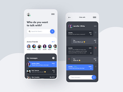#14 ChatWithMe - Mobile App Concept android app application blue chat clean conversation dark design iphone message messenger minimal mobile phone screen talk ui ux white