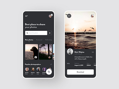 #15 PhotoApp - Mobile App Concept android app application clean dark design iphone message minimal mobile phone photo photographer photography picture screen ui upload ux white