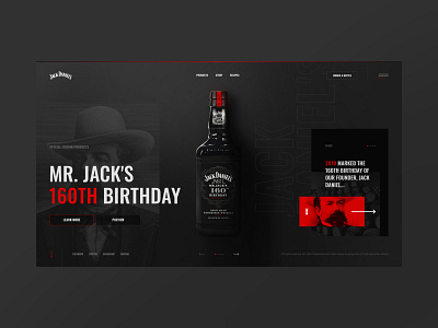 #66 Shots for Practice alcohol black bottles concept dark design drink flat homepage jack daniels minimalism product red redesign store typography ui ux website whiskey