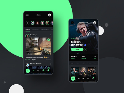 #19 Esport Social Media - MobileApp Concept app application clean cs esport feed game gaming green like lol platform player post profile socialmedia ui ux wall