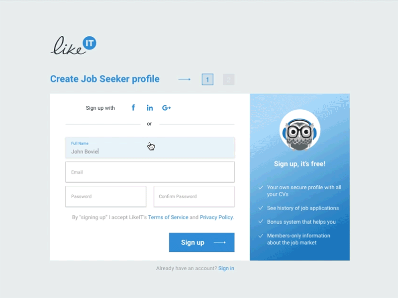 Sign up form content design it recruitment job seeker likeit minimal owl sign up form sign up screen sketch ux webdesign